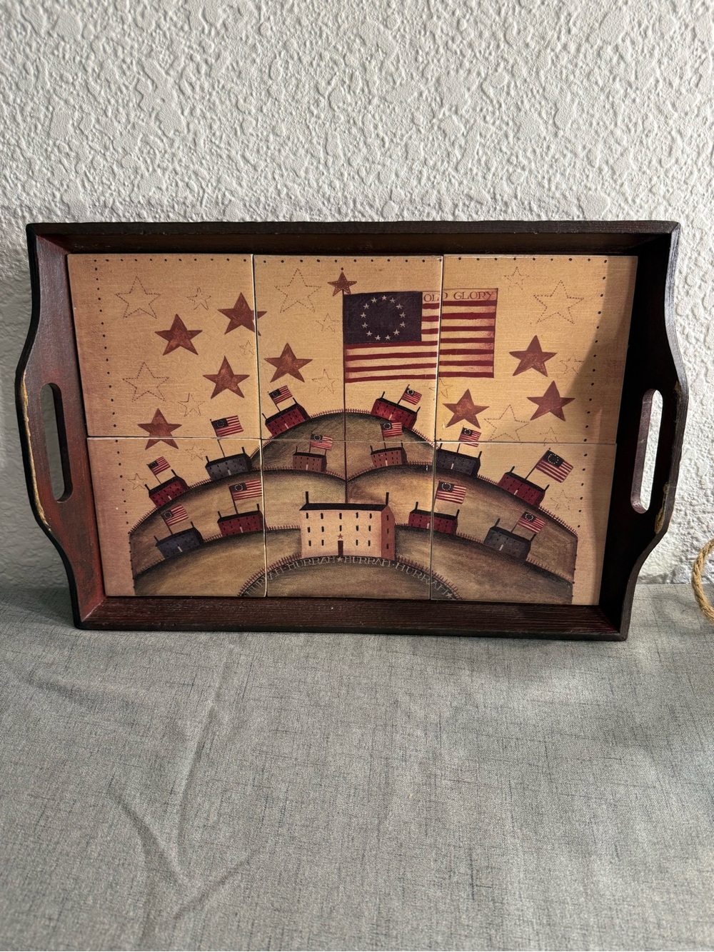 Old Glory Patriotic Wooden Serving Tray Primitive Americana Folk Art Decor 18x12
